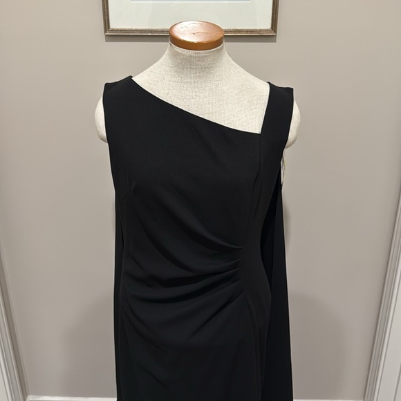 NWT!! Xscape - Black Pleated Cape Overlay Sleeveless Formal Sheath Dress - 14 - Picture 4 of 10